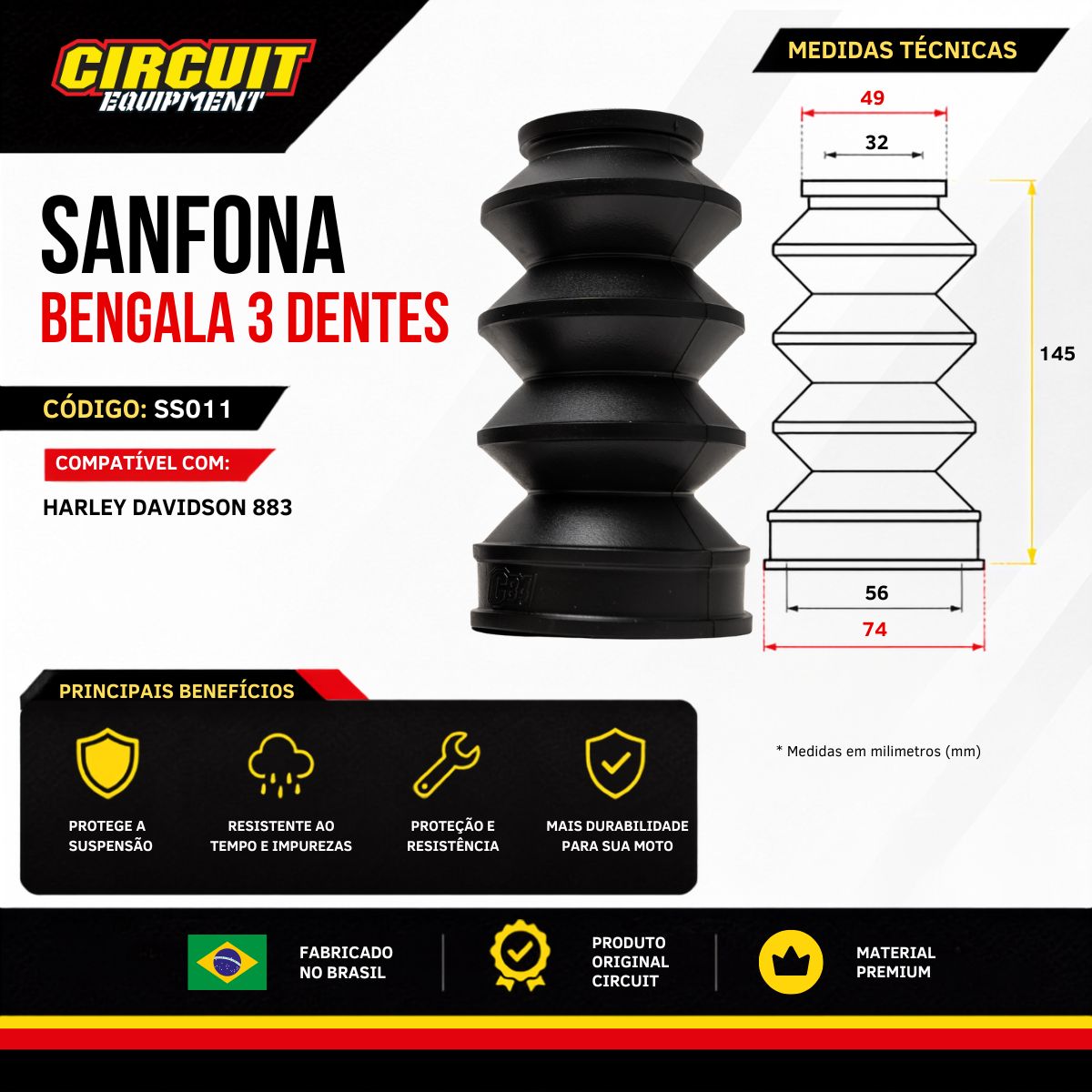 Sanfona Bengala 3 Dentes Para Harley Davidson 883